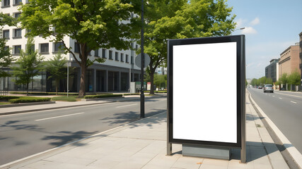 Vertical blank white billboard at bus stop on city street. In the background buildings and road. Mock up. Poster on street next to roadway. Sunny summer day