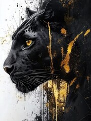 Striking black panther portrait. Bold gold splatters create a captivating contrast, highlighting its power and grace