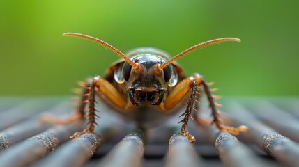 Fototapeta premium This close-up image captures a fascinating insect with intricate features, emphasizing the beauty and detail of nature's tiny creatures against a textured backdrop.