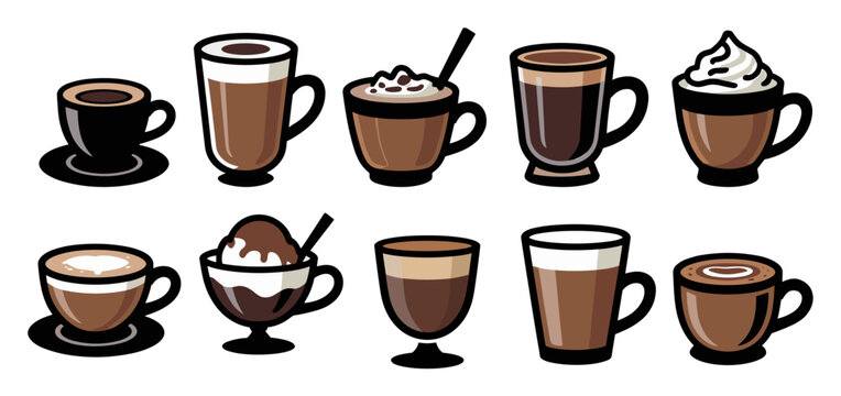 A collection of coffee cups with different flavors and toppings. The cups include Espresso, Americano, Cappuccino, Flat White, Mocha, and Irish Coffee