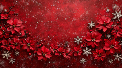 Christmas Decoration: Festive Poinsettias and Snowflakes on a Red Background