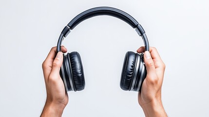 Hands Holding Black Over Ear Headphones Against White Background