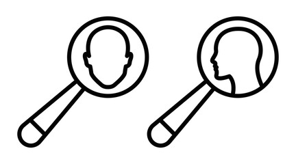 Human profile under magnifying glass icon. Editable stroke.