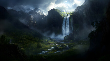 Fototapeta premium A cascading waterfall in a remote mountain landscape, surrounded by rugged cliffs and green meadows under the bright summer sky.