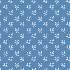 Small white leaves pattern doodle shapes motif continuous blue background. Modern  fabric design textile swatch ladies dress, men's shirt all over print block.