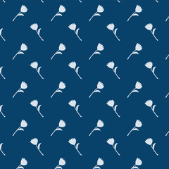 Small white flowers pattern doodle shapes motif continuous blue background. Modern floral fabric design textile swatch ladies dress, men's shirt all over print block.