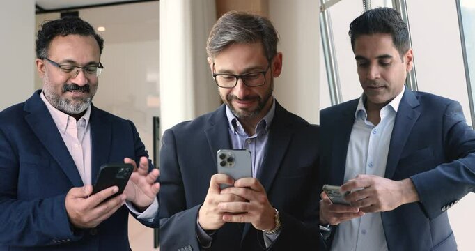 Three multinational businessmen dressed in suits standing in office with smartphones, using mobile app, reads e-mails, split-view collage. Task management, digital interaction, business communication