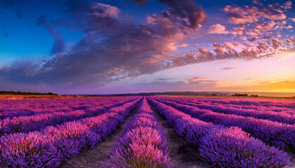 Beautful landscape scenery with purple lavender fields with the sunset in the background
