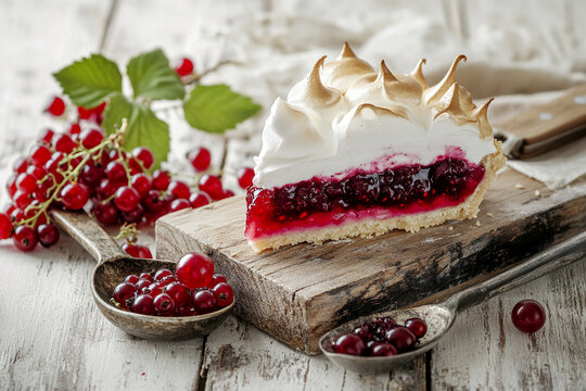 Close-up of red currant tart slice with meringue topping on rustic wooden board, accompanied by fresh red currants, showcasing delicious dessert presentation