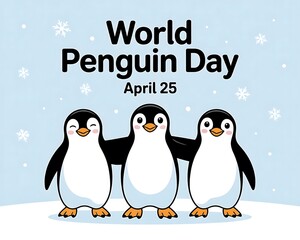 Fototapeta premium Three adorable penguins celebrate World Penguin Day on April 25.