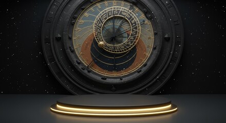 Celestial Clockwork Stage: A podium for product presentations with cosmic timing