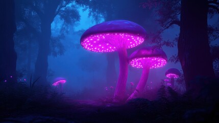 Obraz premium Enigmatic Glowing Mushrooms in Misty Forest Landscape with Ethereal Atmosphere and Soft Pink Illuminations Surrounding Nature's Wonders