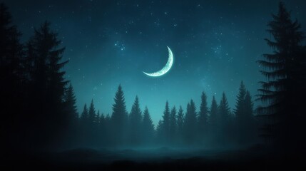 Serene Night Sky with Crescent Moon Illuminating Mystical Forest Under Starry Sky Perfect for Nature and Tranquility Themes