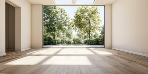 Fototapeta premium Bright spacious interior with large windows overlooking a lush garden in daylight
