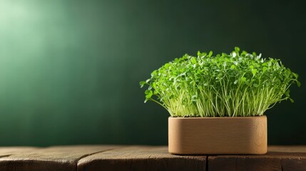 Fresh Microgreens Growing in Wooden Pot on Rustic Table Against Green Background for Healthy Eating and Gardening Concepts