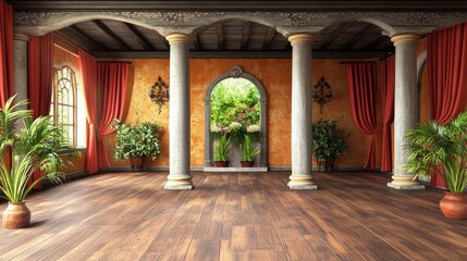 Fototapeta premium A traditional flamenco dance studio with red drapes, wooden floors, and a dramatic Spanish ambiance.