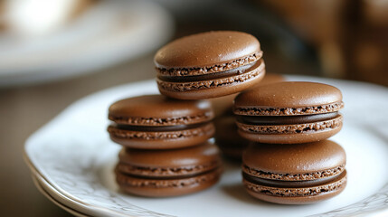 Chocolate macarons stacked neatly on a white plate