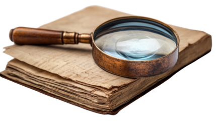Magnifying Old Knowledge: A detailed shot of an antique magnifying glass delicately placed upon the aged pages of an open book, symbolizing the discovery, history.