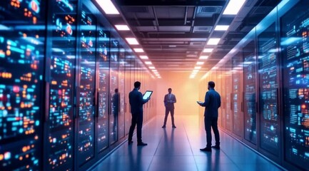 Businessmen in server room, analyzing data, high-tech