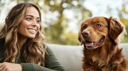 A young woman smiles lovingly at her cheerful golden retriever, showcasing the bond between pets and their owners amidst a serene outdoor backdrop, radiating joy and companionship.