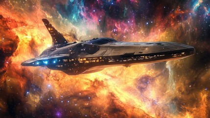 Obraz premium Spaceship exploring nebula; cosmic travel, vibrant background