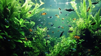 Fototapeta premium Underwater aquarium scene fish swimming amidst lush plants