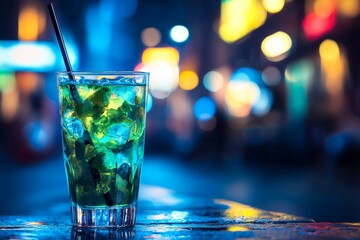 Blue tropical drink in transparent glass with crushed ice and fruit garnish illuminated by neon lights at night bar setting showcasing vibrant beverage styling and nightlife color expression