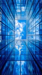 Obraz premium Skyscraper Perspective: Modern Building Windows Reflecting Blue Sky, Serene Urban Architectural Achievement