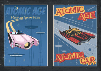 Atomic Age Style Posters, Flying Cars from the Future, Space Age Colors and Shapes, Grunge Texture Frame