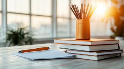 An inviting workspace featuring neatly arranged stationery, books, and papers bathed in lovely sunlight, inspiring creativity and a passion for learning every day.