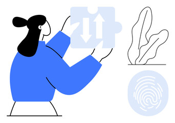Woman analyzing puzzle piece with arrows, abstract fingerprint, and plant symbolizing innovation, security, and growth. Ideal for problem-solving, creativity, teamwork, leadership strategy personal
