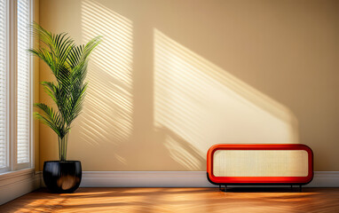 Fototapeta premium Stylish interior corner with plant and vintage radio in warm sunlight