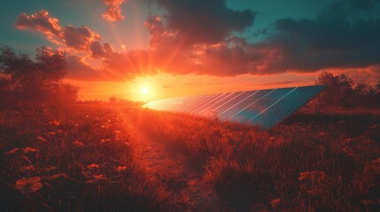 Solar panels in a serene field at sunset, highlighting renewable energy amidst dramatic clouds and vibrant colors for sustainability awareness
