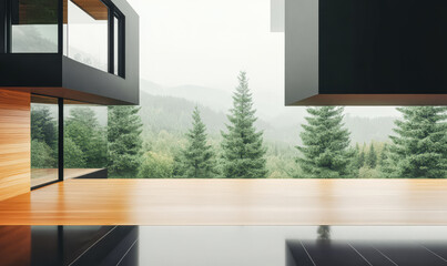 Fototapeta premium Modern architecture blends with nature in a serene mountain landscape