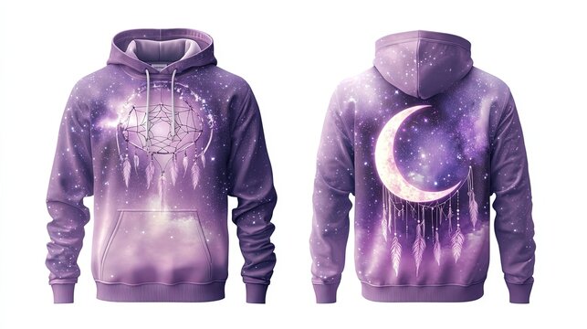Starlit lilac male hoodie, front and back view, cosmic reverie theme, front has a crescent moon with a dreamcatcher, back showcases a surreal dreamscape with floating celestial formations
