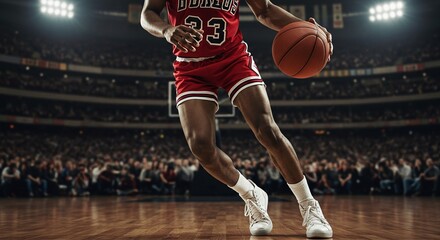 Basketball Champion's Drive: A skilled basketball player dribbles the ball confidently across the court, his focus intense, showcasing dynamic movement and the thrill of competition.