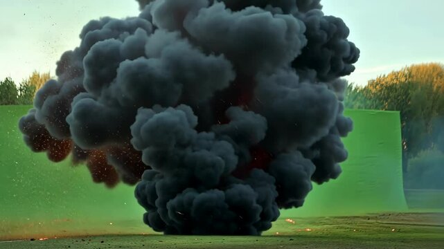 Large explosion creates thick black smoke on green screen during special effects training session in outdoor location