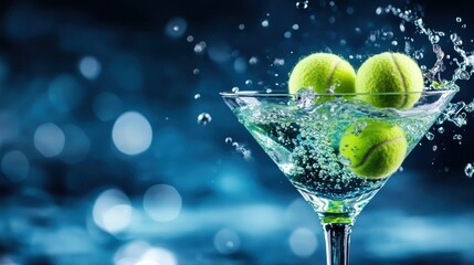A vibrant martini glass filled with sparkling water, featuring three bright green tennis balls creating dynamic splashes, offering a refreshing twist on classic cocktails.
