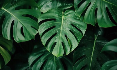 Monstera leaves with water droplets showcasing lush green foliage and tropical vibes