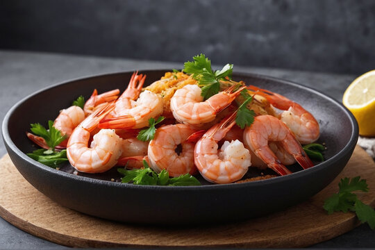 Delicious Cooked Shrimp in Black Bowl - Seafood Dish Garnished with Fresh Parsley and Lemon