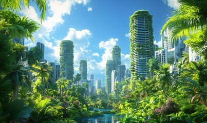 Futuristic Eco-City Surrounded by Lush Tropical Jungle and Clear Blue Sky