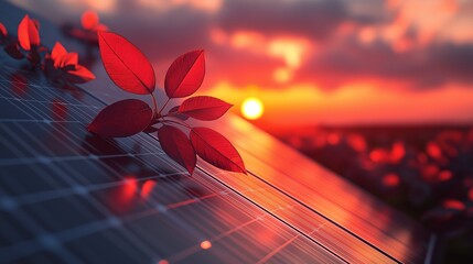 Solar panels with red leaves at sunrise, symbolizing renewable energy and nature integration in sustainable technology and clean power solutions
