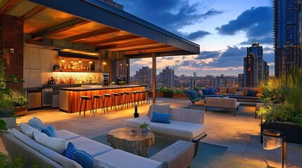 Rooftop bar, city view, sunset, lounge furniture, evening