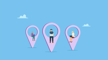 Freelance worker, People, man and woman working on map location pin using laptop. Digital nomad, freedom to work anywhere.