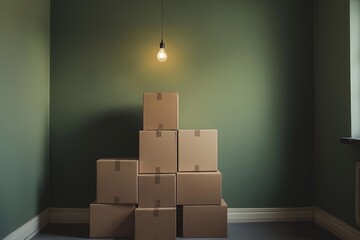 Stacked cardboard boxes in a dimly lit room with a single light bulb hanging against a dark green wall backdrop