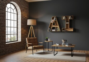 Modern living room interior design with armchair coffee table and ai letter shelves decor idea