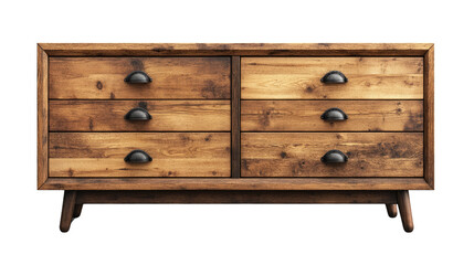 Rustic Wooden Chest: A beautifully crafted wooden chest of drawers with six drawers and stylish metal handles, showcasing the natural grain of the wood and a vintage design.