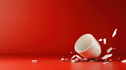 A broken white cup lies on a bold red surface, surrounded by shards and scattered coffee, symbolizing disruption and fragility in everyday life.