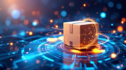 Cardboard box in digital interface, futuristic package, technology background, possible use in e-commerce or shipping - Powered by Adobe