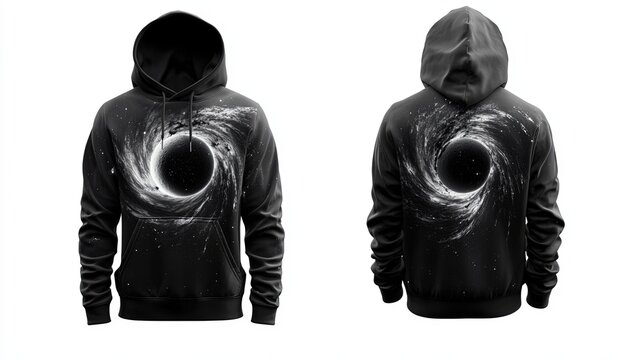 Void black male hoodie, front and back view, black hole gravity theme, front has a singularity moon, back features a swirling cosmic vortex pulling in stars and light, white background, isolated